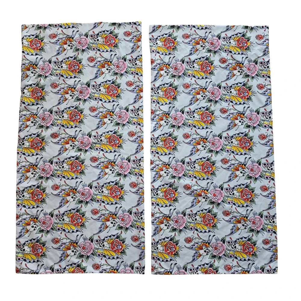 Ed Hardy Tattoo Print Pillowcase Set Butterfly Skull Rose Y2K Blue 2pc Standard